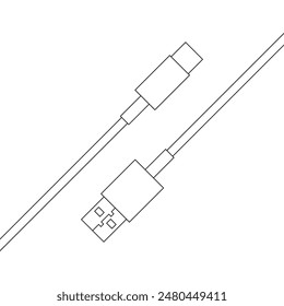 Charging cable, wires with Type-C and USB-A ports, outline vector black and white images. 