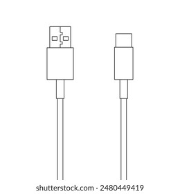 Charging cable, wires with Type-C and USB-A ports, outline vector image on a white background. 