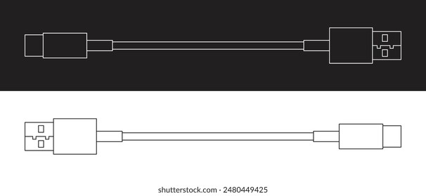 Cable de carga, cables con puertos USB-C y USB-A, Imágenes en blanco y negro con contorno de Vector. 