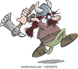 Charging cartoon viking warrior with axe