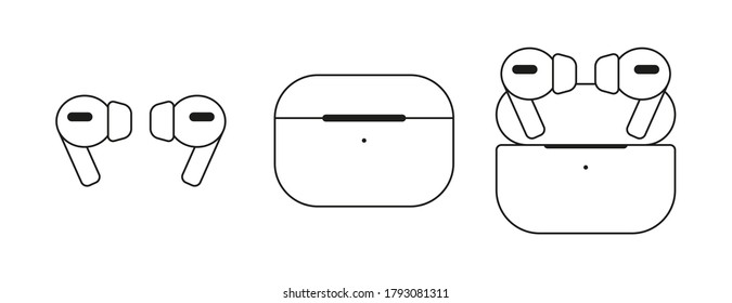 Charging case and wireless earphones icon. Vector outline icons