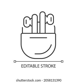 Ladegehäuse für drahtlose Ohrhörer Linearsymbol. Drahtlose Verbindung zum Smartphone. Dünne, anpassbare Illustration. Contour-Symbol. Vektor-einzelne Rahmenzeichnung. Bearbeitbarer Hub