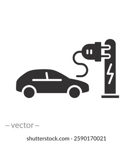 charging at the charger station, electric car pump icon, auto hybrid plug, concept green energy, flat vector illustration