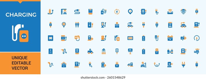 Charging colorful icon collection. Includes symbols for ev, plug, electrical, station, technology, energy and more. Minimal icons pack. Charging station icon set. Editable vector.