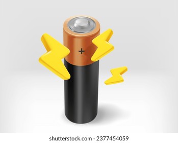 Charging concept. Battery AA size with golden thunderbolts. 3d vector illustration