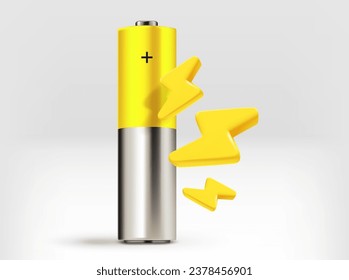 Charging concept. Battery AA size with golden thunderbolts. 3d vector illustration