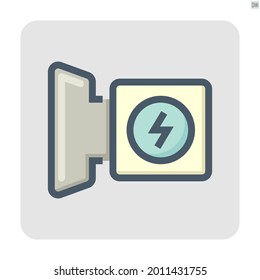 Icono del vector del conector de carga. También se llama montaje por cable o entrada de vehículo para vehículo eléctrico (EV) de carga, batería de recarga. Incluya la tapa o la tapa o el dispositivo de apertura para su cierre, apertura y protección. 48x48 px