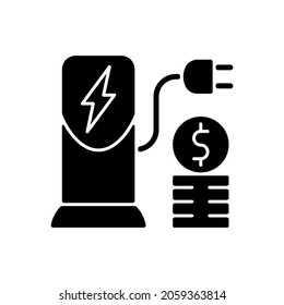 Charging cost black glyph icon. Amount of money payed for charging battery of electromobile. Natural fuel. Ecological way of traveling. Silhouette symbol on white space. Vector isolated illustration