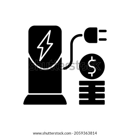 Charging cost black glyph icon. Amount of money payed for charging battery of electromobile. Natural fuel. Ecological way of traveling. Silhouette symbol on white space. Vector isolated illustration