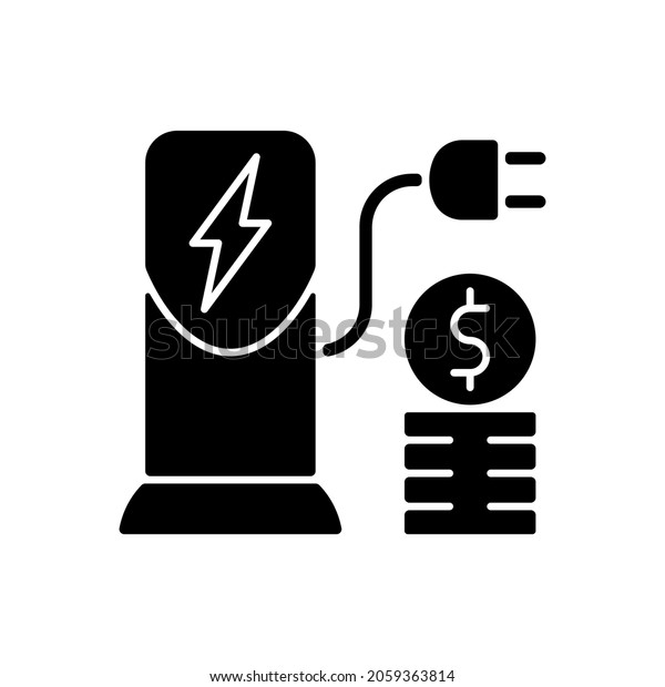 Charging cost black glyph icon. Amount of\
money payed for charging battery of electromobile. Natural fuel.\
Ecological way of traveling. Silhouette symbol on white space.\
Vector isolated\
illustration