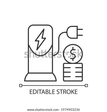 Charging cost linear icon. Amount of money payed for charging battery of electromobile. Thin line customizable illustration. Contour symbol. Vector isolated outline drawing. Editable stroke