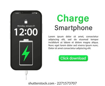 Charging design on smartphone in flat style. Mobile phone screen with battery indicators. Accumulators of electricity. Electricity sign. Charging wire. Banner for social networks. Vector illustration