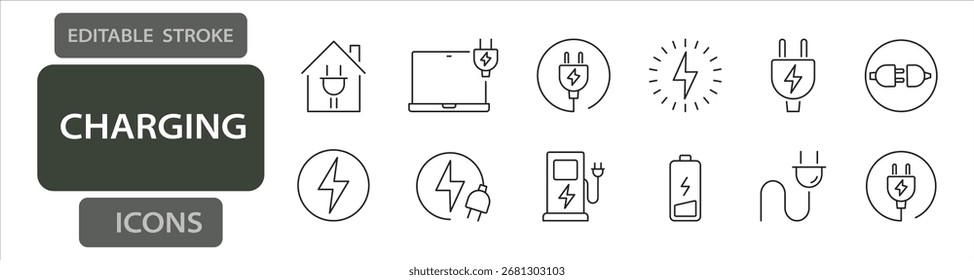 Dispositivos de carga e iconos de carrera editable de electricidad que incluyen batería, enchufe, enchufe, cable, perno de energía, adaptador y cargador de vehículo eléctrico.