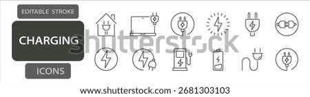Charging devices and electricity editable stroke icons including battery, power plug, socket, cable, energy bolt, adapter, and electric vehicle charger.