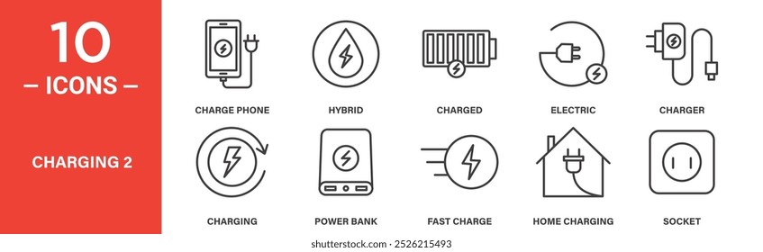 Conjunto de iconos de dispositivos de carga: 10 iconos de línea que incluyen carga de teléfono, banco de energía, Recargo rápido y enchufe eléctrico