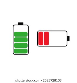 Charging and Discharging Battery Icons. High-quality vector illustration featuring two battery icons: one indicating charging and the other discharging. Designed in a minimalist style.