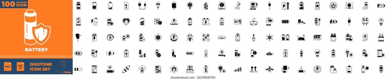 Conjunto de iconos editables de Duotone de carga. Ilustración vectorial en el estilo delgado moderno del duotone de los iconos de carga: energía, electricidad, cargador, etc