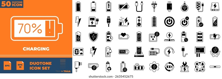Charging Duotone Editable Icons set. Vector illustration in modern thin duotone style of charging icons: charge, battery, energy, electricity,, etc