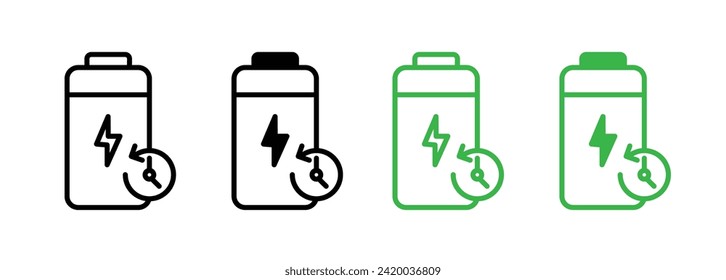 Icono de línea de duración de carga. Icono de tiempo de nivel de potencia en color blanco y negro.