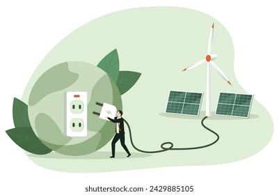 Charging the earth with renewable energy. Wind turbines and solar panels and smart city in the background. Renewable energy, charging vector illustration concept.