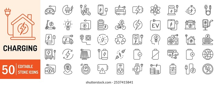 Conjunto de iconos web de contorno de trazo editable de carga. Cargador, batería, alimentación, enchufe, estación de carga, inalámbrico, cable y enchufe. Ilustración vectorial