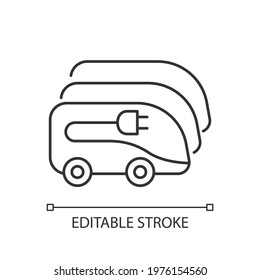 Charging In Electric Bus Depot Linear Icon. Human Transportation Electronical Vehicles. Thin Line Customizable Illustration. Contour Symbol. Vector Isolated Outline Drawing. Editable Stroke