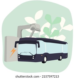 Charging electric bus at the supercharging station for eco city transportation means. Electro Bus in eco-friendly modern urban environment. Flat style vector illustration