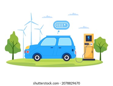 Charging Electric Car Batteries with the Concept of Charger and Cable Plugs that use Green Environment, Ecology, Sustainability or Clean Air. Vector illustration