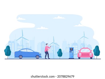 Charging Electric Car Batteries with the Concept of Charger and Cable Plugs that use Green Environment, Ecology, Sustainability or Clean Air. Vector illustration