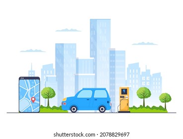 Charging Electric Car Batteries with the Concept of Charger and Cable Plugs that use Green Environment, Ecology, Sustainability or Clean Air. Vector illustration
