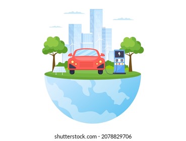 Charging Electric Car Batteries with the Concept of Charger and Cable Plugs that use Green Environment, Ecology, Sustainability or Clean Air. Vector illustration