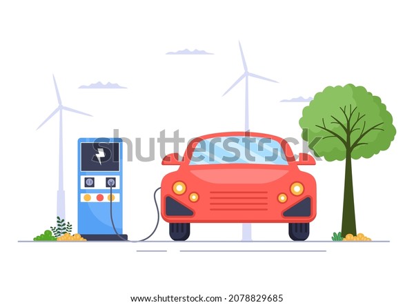 Charging Electric Car Batteries with\
the Concept of Charger and Cable Plugs that use Green Environment,\
Ecology, Sustainability or Clean Air. Vector\
illustration