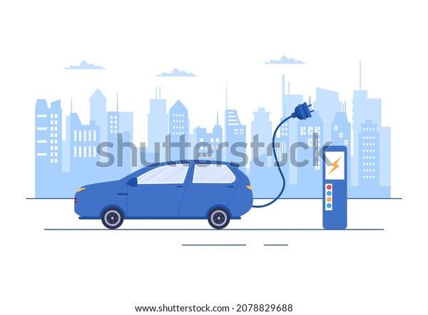 Charging Electric Car Batteries with\
the Concept of Charger and Cable Plugs that use Green Environment,\
Ecology, Sustainability or Clean Air. Vector\
illustration