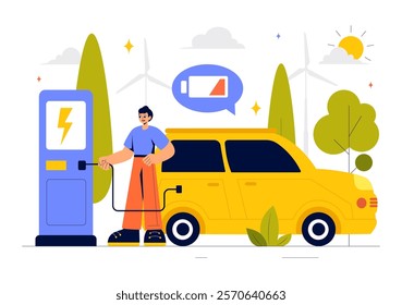 Charging Electric Car Batteries Vector Illustration with of Charger and Cable Plugs Representing Green Energy, Environmental Sustainability or Ecology