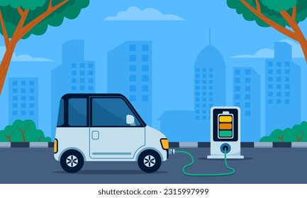 Charging up the electric car battery in charge station.