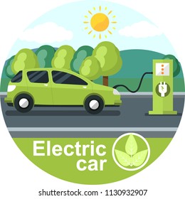 Charging an electric car. The concept is in a flat style, a clean green city. The benefits of nature and saving money.