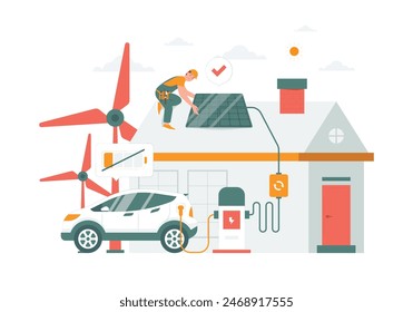 Charging electric car at home station use green electricity energy consumption power eco technology environment care, engineer install solar panel on roof concept illustration