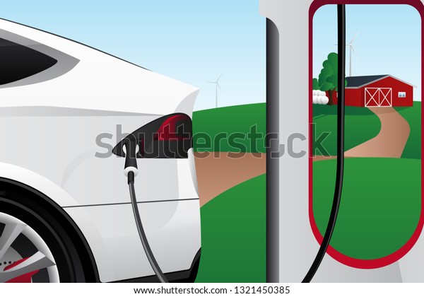 Charging electric car on the background of the\
countryside. New energy vehicle. Environment conservation. Vector\
illustration EPS 10