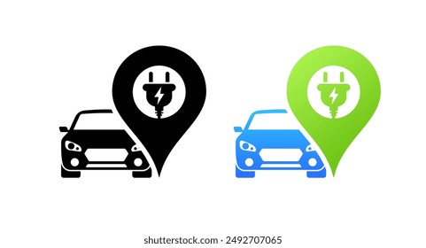 Charging Electric Car Set Icons. Silhouette and flat styles. Vector icons.