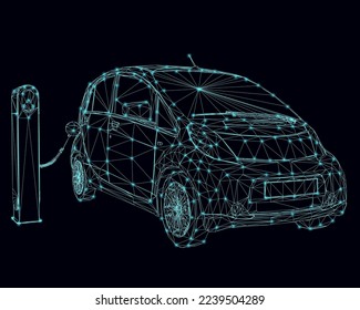 Cargando el alambre eléctrico del coche hecho de líneas azules con luces brillantes aisladas en un fondo oscuro. 3 D. Ilustración vectorial.