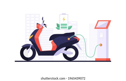 Charging electric motorcycle and touchpad displaying charging information. Environmentally-conscious travel choices, including electric vehicles, scooters, and bicycles. Eco-friendly transportation.