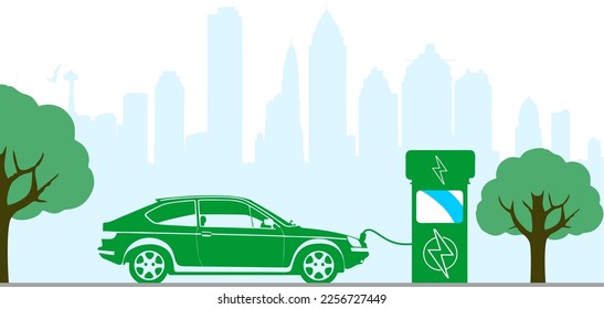 Charging electric vehicles at the station, solar panels, wind turbines and the city in the background, innovative technology and alternative energy concept