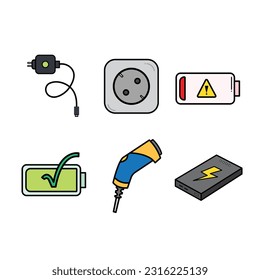Charging or energy battery themed colored outlined vector icon illustration isolated on square white background. Simple flat outlined minimalist sign icon drawing with technology power theme.