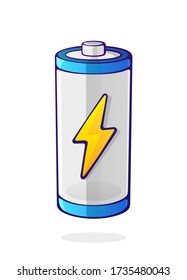 Ladestatus des Akkumulators elektrischer Geräte. Leere Ladestufe Akku-Anzeige mit gelbem Blitzzeichen. Cartoon Clip Art isoliert auf weißem Hintergrund. Vektor-Abbildung
