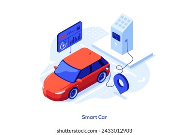 Charging EV at electric energy station marked with map pin. Smart car concept isometric vector illustration. Monitoring automobile condition via mobile app cartoon design colour composition