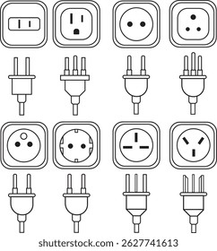 Carregamento de eletrodomésticos. Soquetes CA com tomadas elétricas. Tomada e tipos de conector de diferentes países ao redor do mundo, ponto de energia elétrica e cabo de carga de linha de vetor de ícones conjunto. 