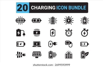 Paquete de Icono de Carga.  Batería, enchufe de alimentación, paquete de iconos de línea de energía
