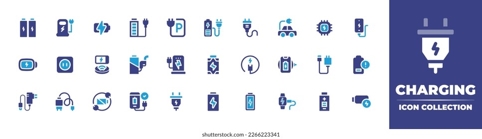 Charging icon collection. Duotone color. Vector illustration. Containing battery, charging, battery charge, socket, fast charge, electric car, charge, mobile, charger, power plug, wireless charger.