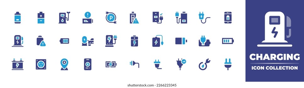 Charging icon collection. Duotone color. Vector illustration. Containing battery, energy, parking, phone charger, low battery, plug, electric station, charger, power bank, battery level, car battery.