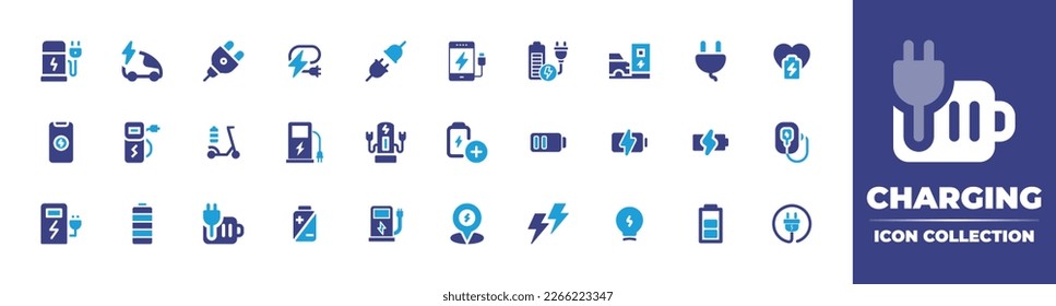 Colección de iconos de carga. Color de duotona. Ilustración vectorial. Con carga eléctrica, carga, enchufe, enchufe, carga telefónica, carga rápida, estación de carga, cable, corazón, ciclomotor eléctrico.